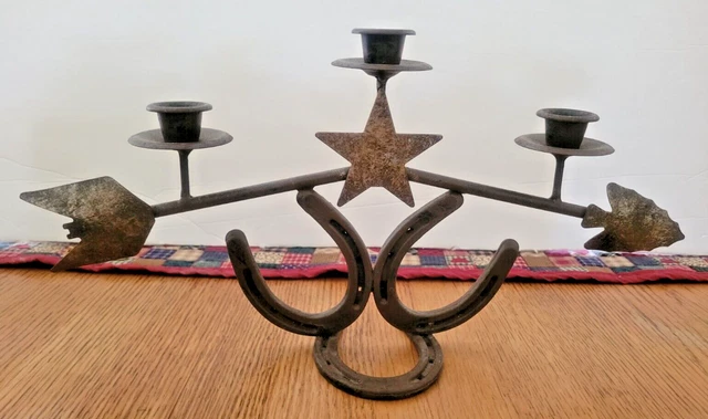 DIAMOND Cast Iron Metal Western Rustic Horseshoe Arrow Star 3 Candle Holder