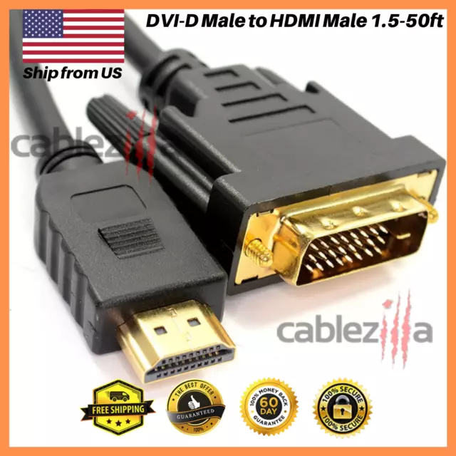 DVI-D Male to HDMI Male Cable Gold 24+1 HDTV PC 1.5ft 3ft 6ft 10ft 15ft 25f 50ft