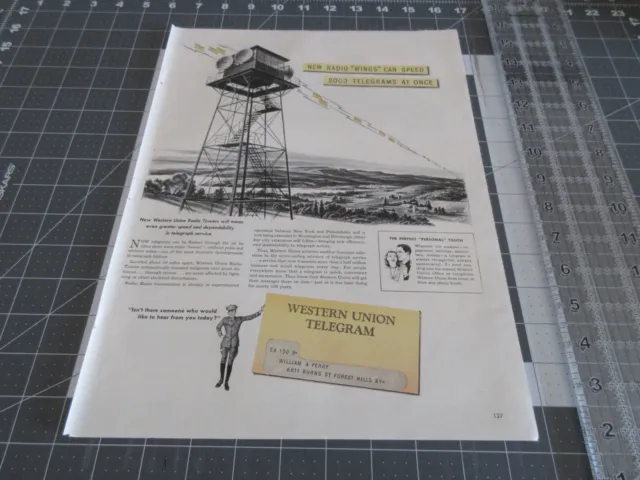 1947 Western Union Telegram Radio Wings Towers Speed Vintage Print Ad