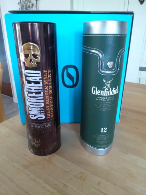 Smokehead Tin & Glenfiddich Whisky Faux Leather Travel Tin + empty  Bottles