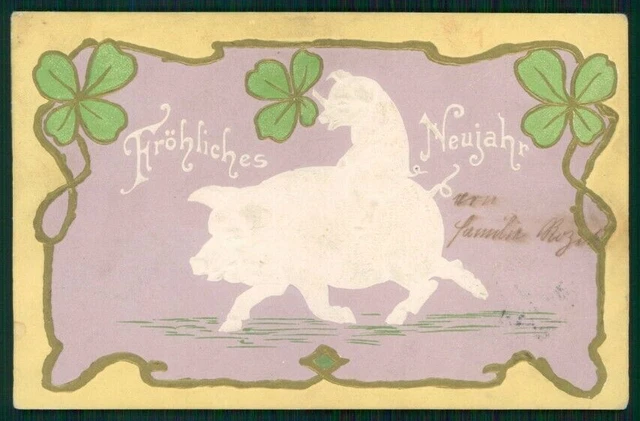 Happy New Year Pig Four Leaf Clover Good Luck Maiale Relief cartolina TC6277