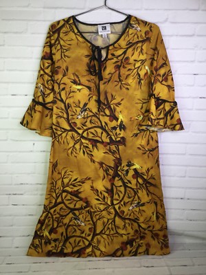 Vicky and Lucas Golden Yellow Bell Sleeve Foliage Bird Tree Fall Dress Womens S