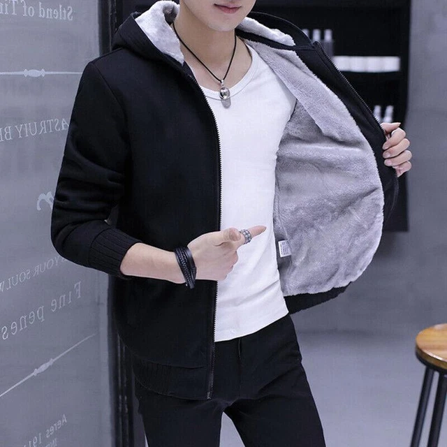 Mens Thick Fleece Fur Lined Hooded Jacket warm Coat Sweatshirt Hoodie Top