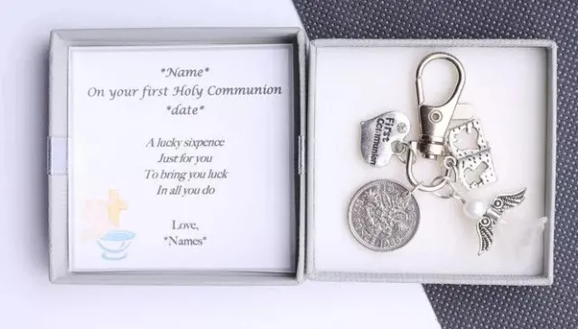 Personalised First Holy Communion Lucky Sixpence Novelty Keyring - Gift