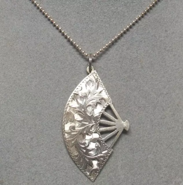 Vintage STERLING 925 SILVER Floral Leaves Fancy Fan Pendant 24" Necklace 8gr