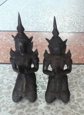 Pair of Thai Guardian Angel Theppanom Buddhist Sculpture Bronze Statue Old Black