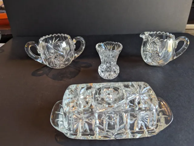 American brilliant Period, cut Crystal, 4 Piece Glass Creamer Sugar Bowl, Butter