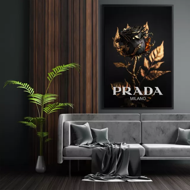 Wandbild Leinwand mit Rahmen , Goldene Rosenblüte Prada Luxus Marke Kunst Deko 3