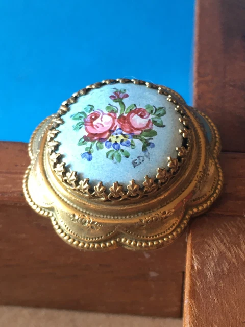 Broche Ancienne Vintage Fleurs En Porcelaine Bleue Et Plaqué Or - Occasion, Bon état D'usage