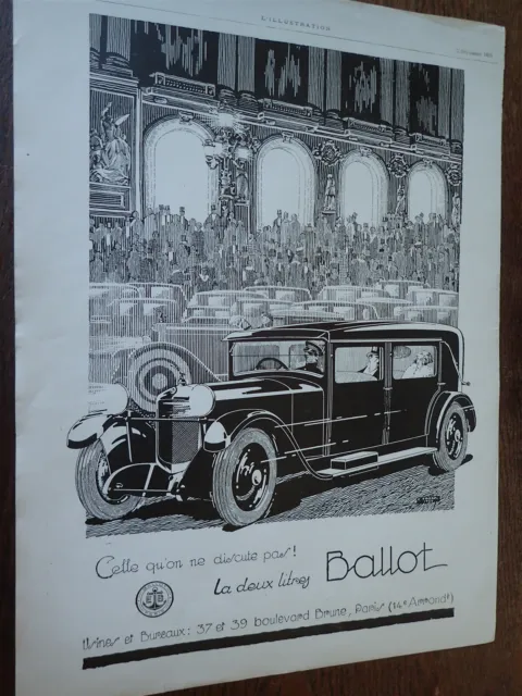 BALLOT voiture 2 litres par E. FROCK + manteau SALF pub papier ILLUSTRATION 1925