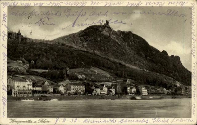 Königswinter am Rhein Postkarte 1930 gelaufen Teilansicht mit Drachenfels Burg