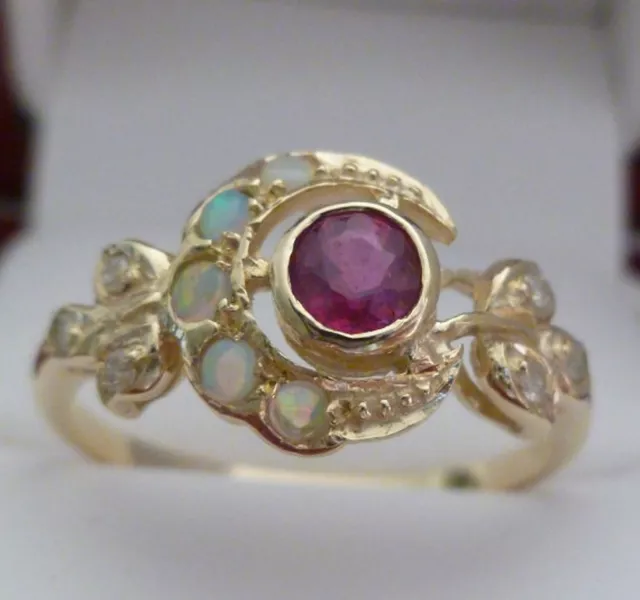 9ct Solid Gold Vintage Insp Ruby, Opal & Diamond Womens Moon Ring R25 Custom