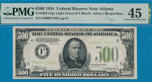 $500. 1934 Scarce Atlanta  District Lime Green Seal Federal Reserve Note Pmg45 2