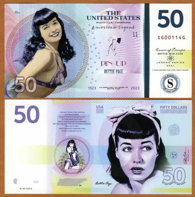 USA, 50 dollars, Private Issue Polymer, 2021 Bettie Page