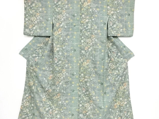 42194# Japanese Kimono / Antique Kimono / Ume & Bamboo Grasses With Grid
