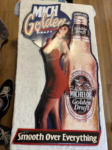 Vintage Michelob Beer Tin Metal Sign Golden Draft   W/Girl 1993 35”x18”
