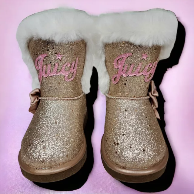 Juicy Couture Little Girls Boots Size 8M Pink Rose Gold Glitter White Faux Fur