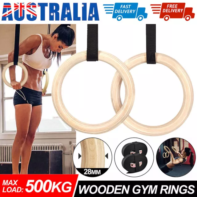 2pcs Wooden Gymnastic Olympic Rings Crossfit Training 500KG Gym Fitness Strength