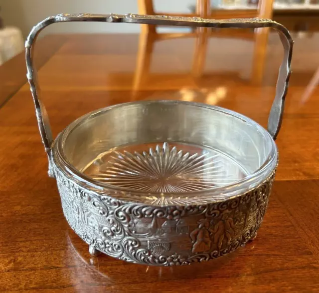 Barbour 3207 Silver Plate Footed Antique Repousse Handled Basket Glass Insert