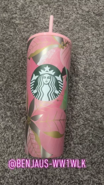 New Starbucks Pink Stainless Tumbler Christmas Holiday 2020 Poinsettia Flowers