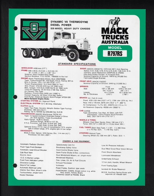 MACK TRUCKS R797RS Specifications Brochure [Front Axle Fa532C] £17.10