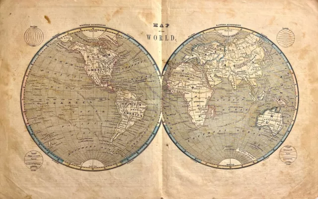 WORLD MAP 1844 (1849) Robinson, Olney School Geography WORLD MAP 11x18" G-VG