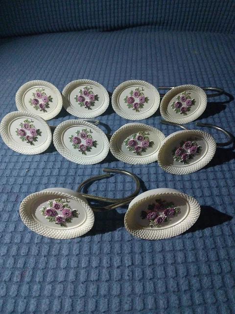 Vintage Handpainted Victorian jubilee Floral Curtain Hooks Set Of 10 8