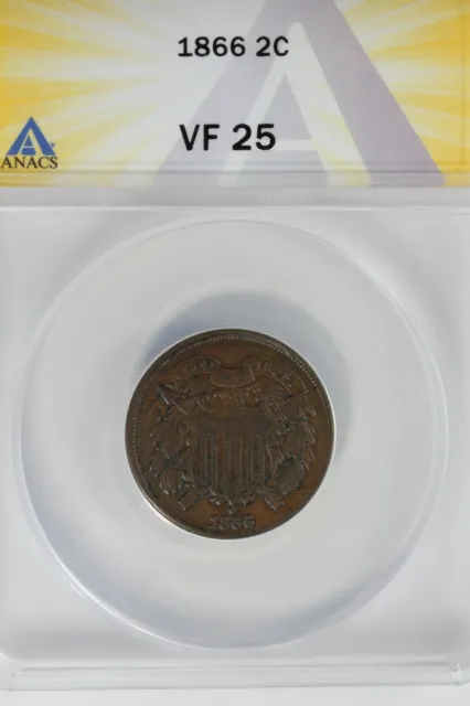 1866  .02  ANACS  VF 25     Two-cent piece, 2c, Shield Coin