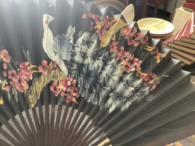 Antique 19Th Century Japanese Fan Ebonyblack Hand Painted Floral Work Signed 33”