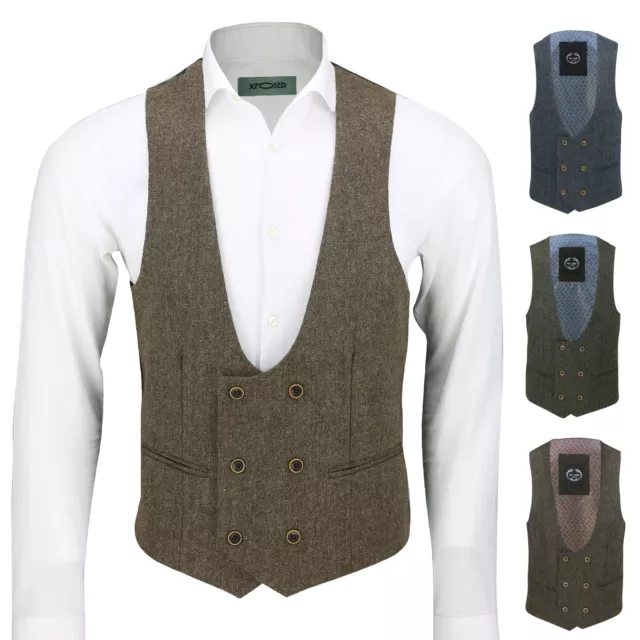Mens Vintage Tweed Double Breasted Low U Cut Suit Waistcoat Retro Slim Fit Vest