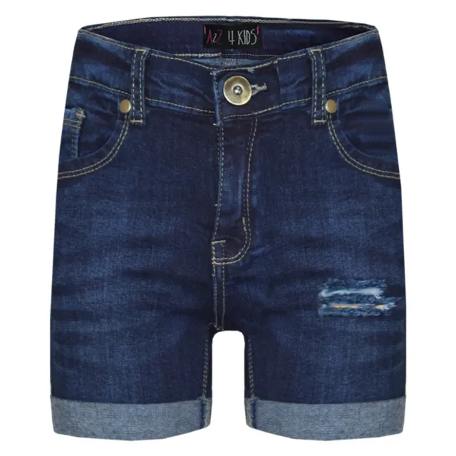 Kids Girls Boys Shorts Denim Ripped Blue Chino