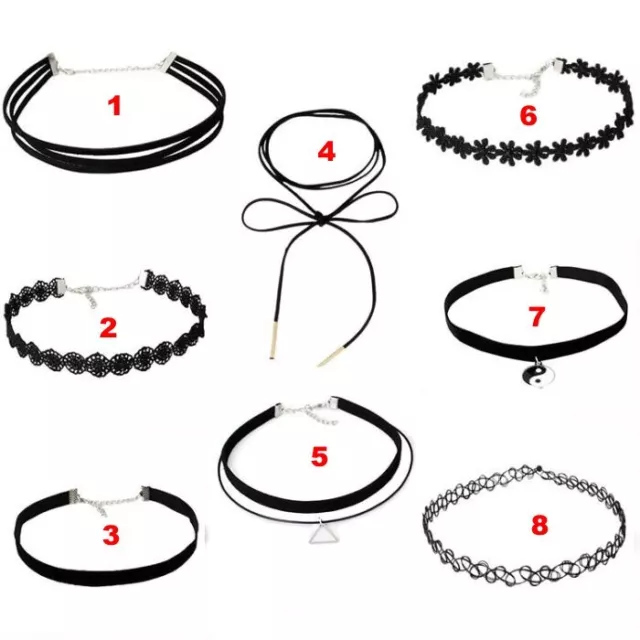 Lot de 8 colliers noirs ras de cou Neuf pour femme fille ado gothique revendeur