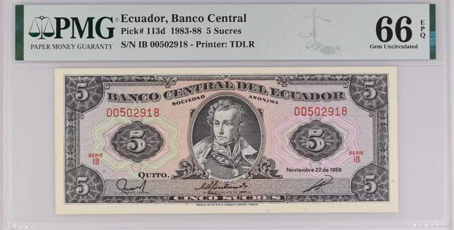 Ecuador 5 Sucres 1988 P 113 d GEM UNC PMG 66 EPQ