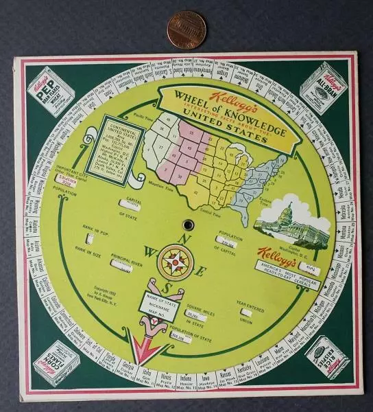 1932 Kellogg's Pep Cereal United States Wheel of Knowledge spinner premium------