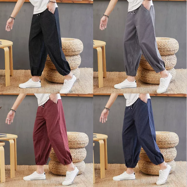 Herren Leinen Baumwolle Capri Hose Gestreifte Kordelzug Zulaufende Hose Jogger