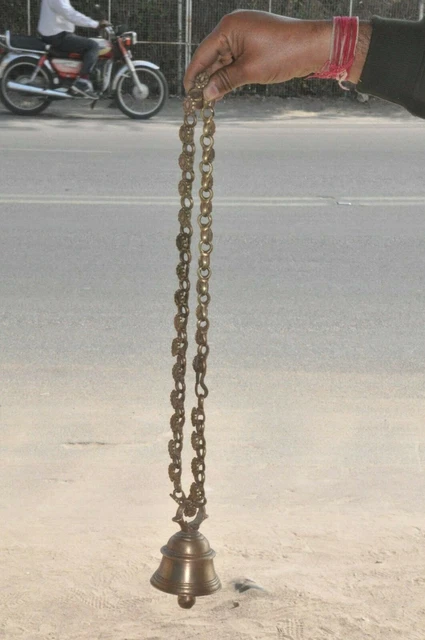 Old Brass Handcrafted Solid Hanging Cow Bell With Chain , Collectible