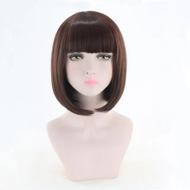 Short Straight with Bangs Fringe Wig Cosplay Smooth Full Wigs Ladies Black Bob