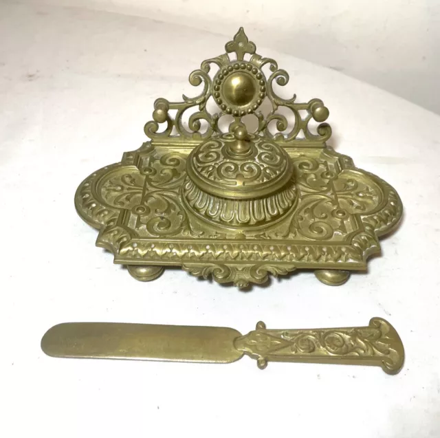 antique ornate 19th century Victorian gilt brass desk inkwell stand tray letter