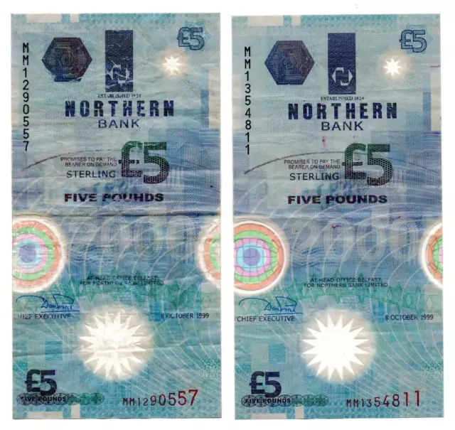 Northern Bank Plastic Five Pound Notes / £5 (Two) Both 8th October1999 for sorti