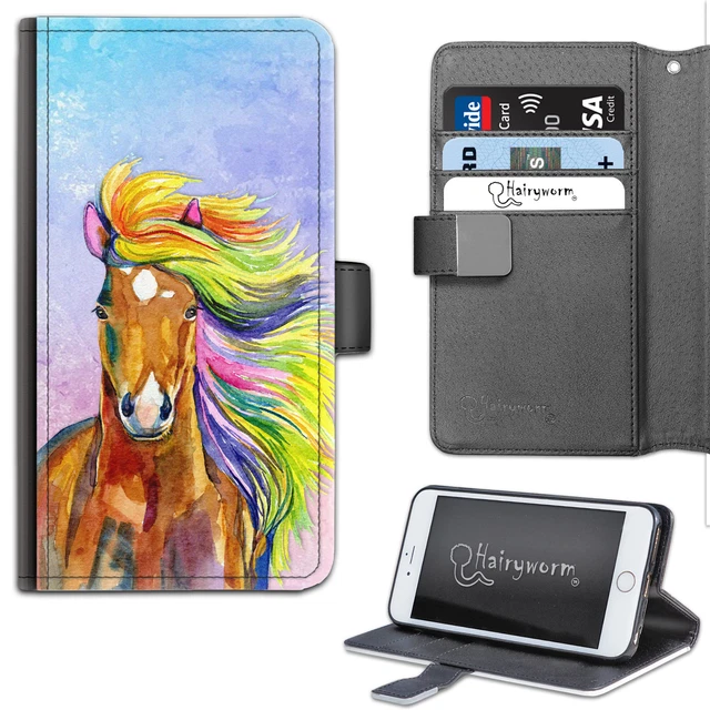 Aquarelle Arc-en-Ciel Cheval Deluxe PU Cuir Portefeuille Téléphone Étui ; Clapet