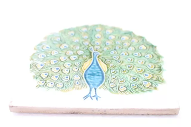 Antique Majolica Old Dancing Peacock Subject Ceramic Tile Nh3832