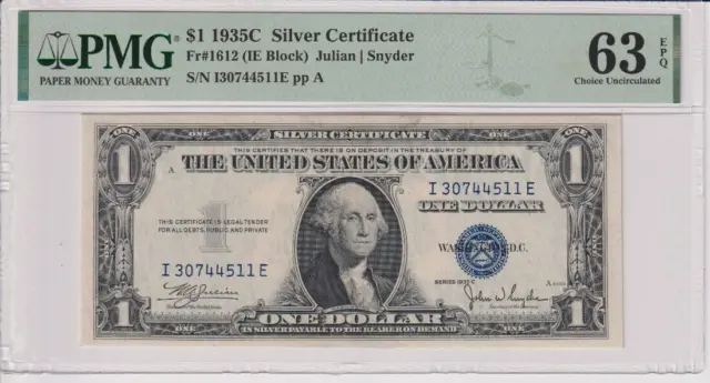 Fr 1612 1935C $1 SC I30744511E PMG 63EPQ CH CU 1935-C Silver Certificate CH CU