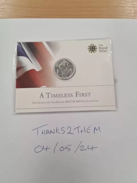 2013 £20 George And The Dragon A Timeless First UK fine silver coin No Reserve.
