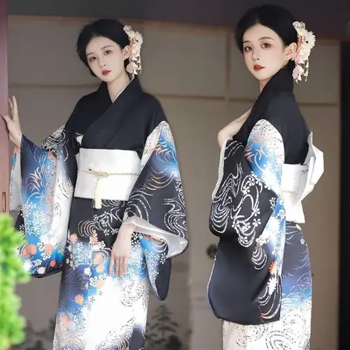 Japanese Traditional Costume Women's Dress Improved Cosplay Wave Print Kimono