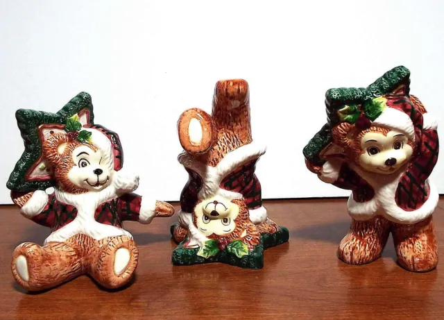 Fitz & Floyd Christmas Twinkling Teddy Bear Tumbling 3 Figurines Vintage in Box