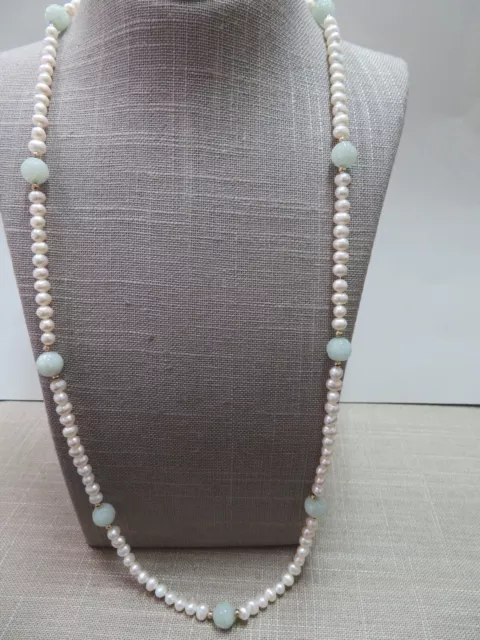 Vtg 14K Gold Beads  Carved Jade Beads Freshwater Pearl Necklace 30"/ 45.74 G