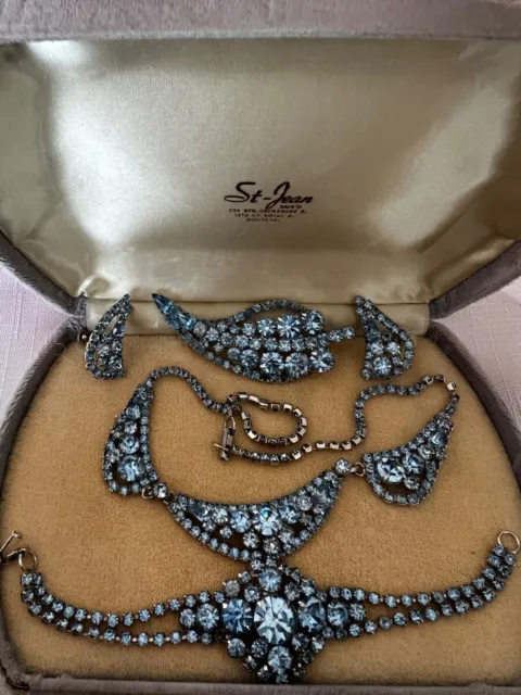 Vintage Necklace Brooch Bracelet Earrings Set Parure Blue Swarovski Crystal