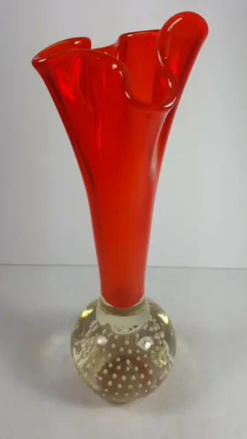 Retro Wavy Rim Controlled Bubble Studio Art Red Glass Vase - 10" Tall
