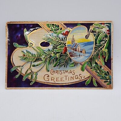 Antique Christmas Greeting Postcard Christmas Greetings Gilded Snow Covered 1917