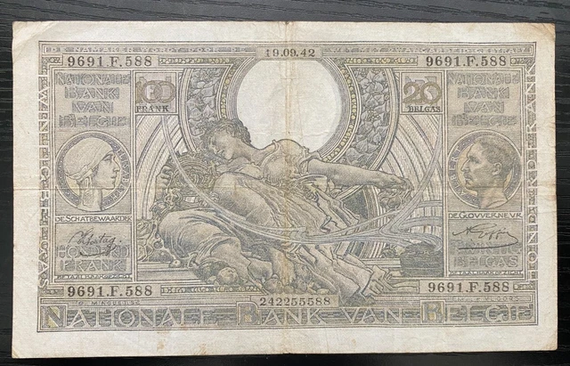 1942 KINGDOM of BELGIUM Oversize 100 FRANCS or 20 BELGAS World War II BANK NOTE